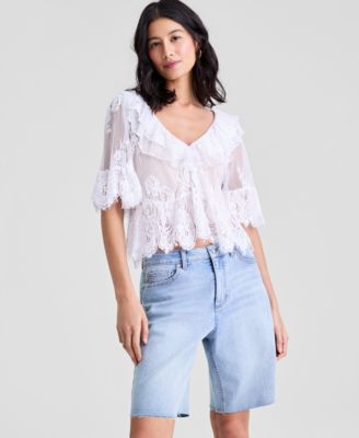 Women's Lace Short-Sleeve V-Neck Ruffle Woven Top