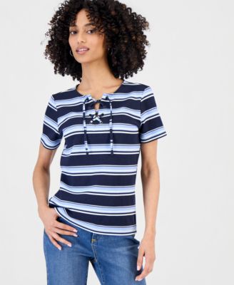 Petite Striped Lace-Up Short-Sleeve Top