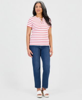 Plus Size Striped Lace-Up Short-Sleeve Top