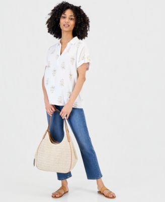 Petite Cotton Printed Collared Popover Top