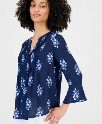 Petite Printed V-Neck Pintuck-Front Top