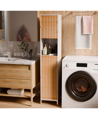 Bathroom Tall Storage Cabinet, Freestanding Organizer with Bamboo Slat Doors, Adjustable Shelves, Modern Narrow Floor Cabinet for Bathroom