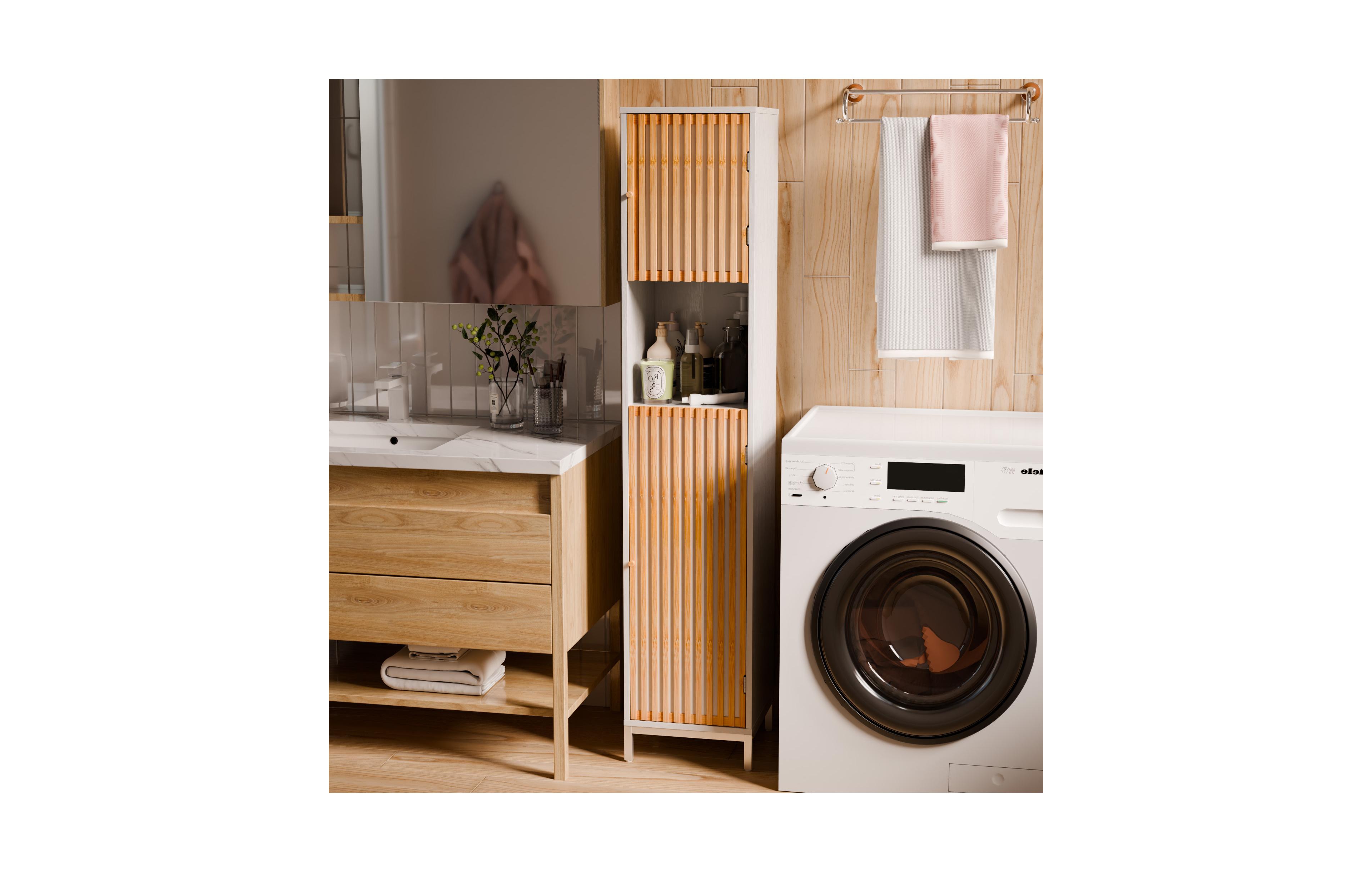 Rainsken Bathroom Tall Storage Cabinet, Freestanding Organizer with Bamboo Slat Doors, Adjustable Shelves, Modern Narrow Floor Cabinet for Bathroom
