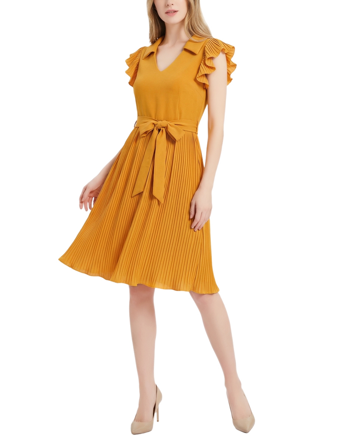 Ny Collection Women's Plisse Pleated Short-Sleeve Dress - Mustard-image