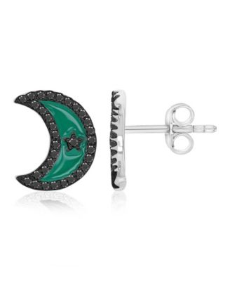 Black Spinel Half Moon Stud Earrings in Rhodium Over Sterling Silver