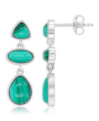 Malachite Three Shapes Dangling Earrings in Rhodium Over Sterling Silver