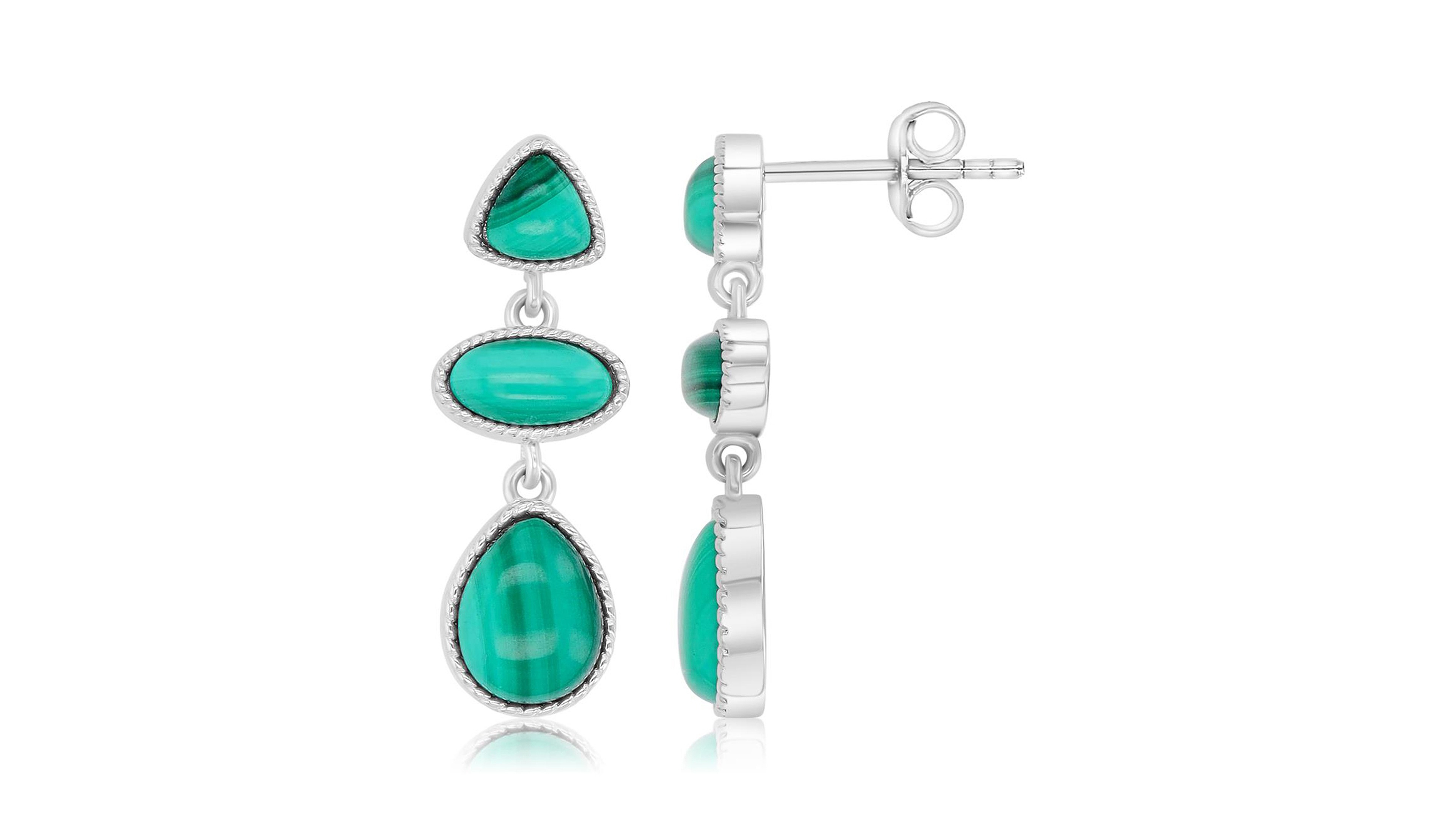 Macy's Malachite Three Shapes Dangling Earrings in Rhodium Over Sterling Silver