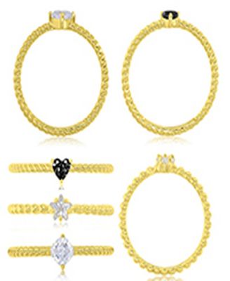 Black Cubic Zirconia Heart, Flower & Cushion Cut Ring in 14k Yellow Gold Over Sterling Silver