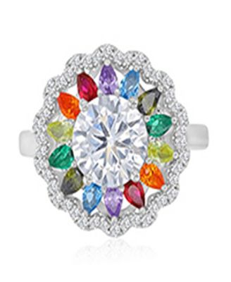 Multicolor Cubic Zirconia Large Flower Ring in Rhodium Over Sterling Silver
