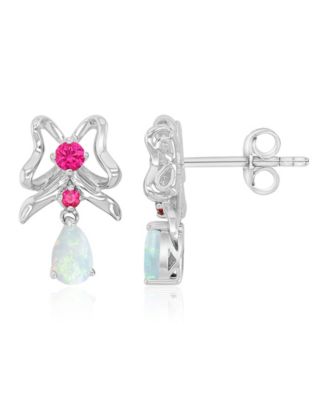 Created Opal and Ruby Dangling Earrings in Rhodium Over Sterling Silver