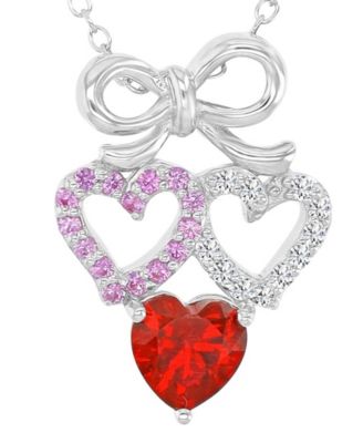 Ruby and Created White Sapphire Bow With Hearts Necklace in Rhodium Over Sterling Silver