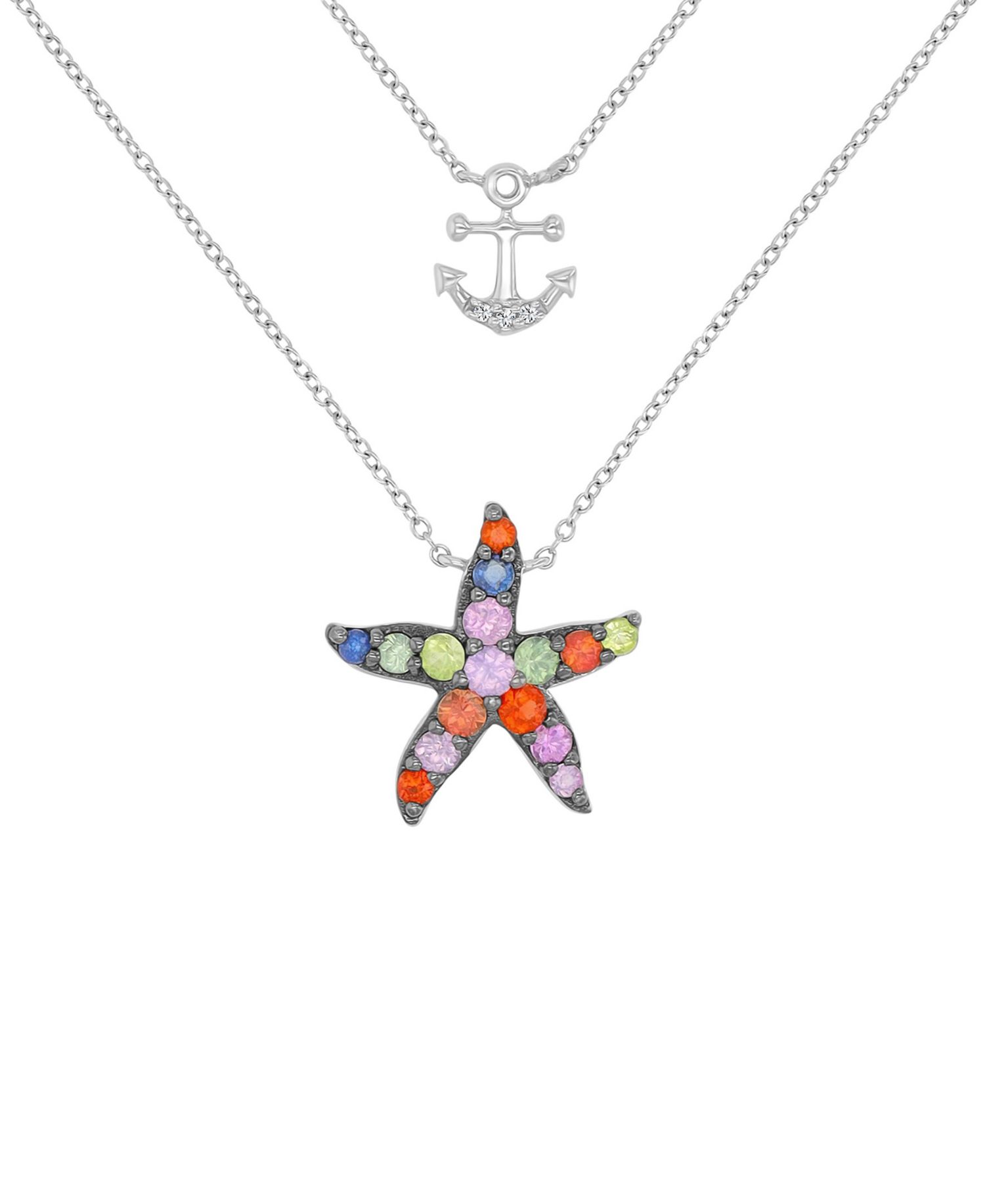 Multi-Color Starfish & Anchor Necklace in Rhodium Over Sterling Silver