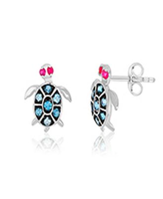 London Blue Topaz and Ruby Sea Turtle Stud Earrings in Rhodium Over Sterling Silver