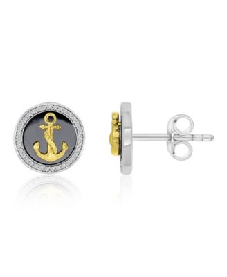 Created White Sapphire and Black Enamel Anchor Stud Earrings in 14k Yellow Gold Over Sterling Silver