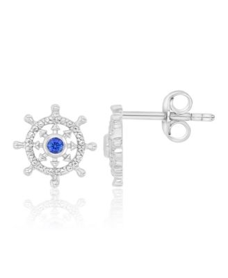 Diamond Accent & Created Blue Sapphire Rudder Stud Earrings in Rhodium Over Sterling Silver