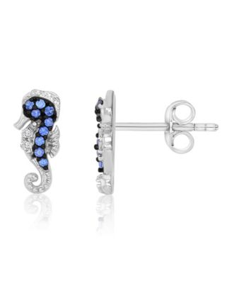 Created Blue Sapphire and White Sapphire Seahorse Stud Earrings in Rhodium Over Sterling Silver