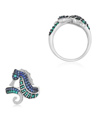 Created Emerald & Sapphire Seahorse Ring in Black Rhodium Over Sterling Silver