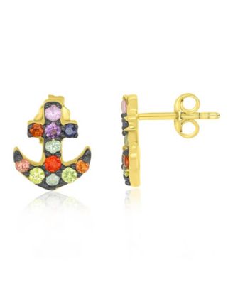 Multi-Stone Anchor Stud Earrings in 14k Yellow Gold Over Sterling Silver