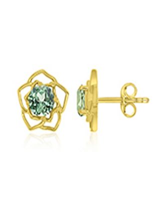 Created Green Sapphire Flower Stud Earrings in 14k Yellow Gold Over Sterling Silver