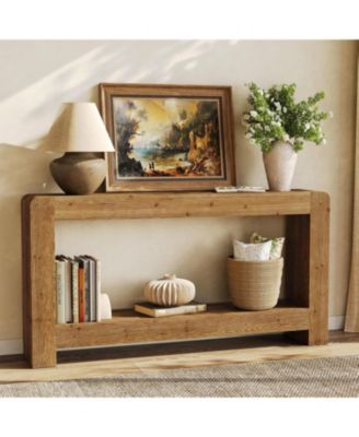 Solid Wood Console Table with Storage, 63-Inch Farmhouse Entryway Table, 2-Tier Narrow Sofa Console Behind Couch