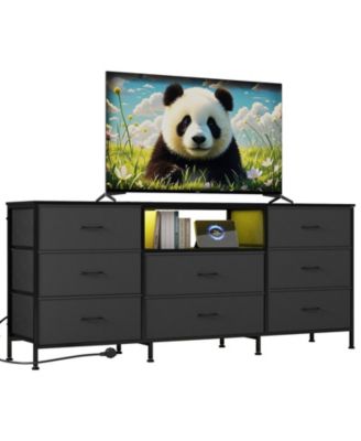 63" TV Stand with 8 Fabric Drawers and LED Lighting, Steel Frame Media Console for 65 70 75 Inch Televisions