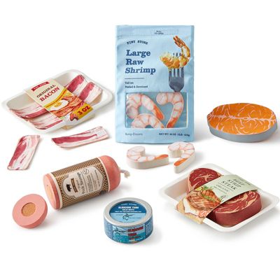 Wooden Seafood & Meat Toy Set - Organic Play Food Set for Kids, Pretend Grocery for Kitchen Play, Montessori Toy