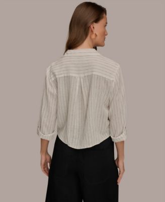 Women's Linen Button-Front Tie Blouse