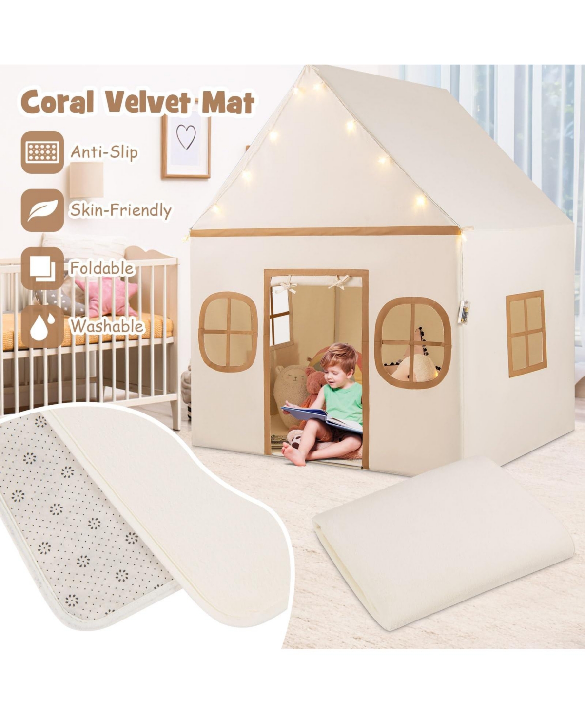 Mecale Large Kids Play Tent Playhouse with Door Curtain, Windows, and Star Lights