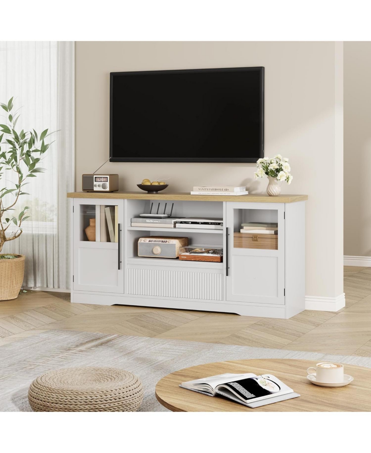 gaomon 72" Farmhouse Tv Stand with Wave Pattern Entertainment Center Media Console, 2 Glass-Door Cabinets & Open Storage for Living