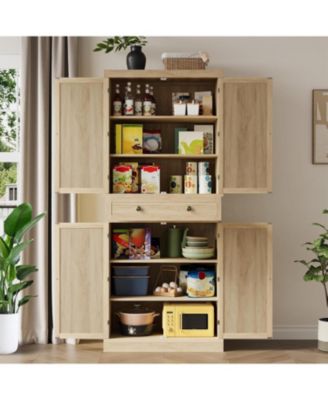 72" Wooden Tall Pantry Cabinet, Kitchen Pantry Storage Cabinets with 4 Door & 4 Adjustable Shelves and a Drawer, Farmhouse Pantry Storage