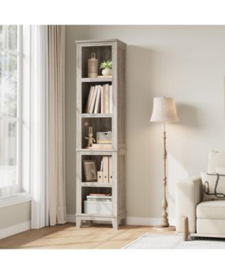 Narrow Bookcase 5 Tier Farmhouse Bookshelf Wooden Bookshelves Rustic Vintage Etagere Oak for Home Office, Living Room, Bed Room