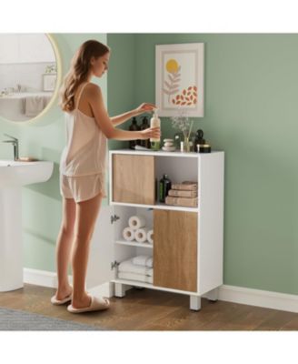 Bathroom Floor Cabinet with Sliding Door, Modern Kitchen Buffet Sideboard Cabinet with Adjustable Shelf, Accent Bookshelf