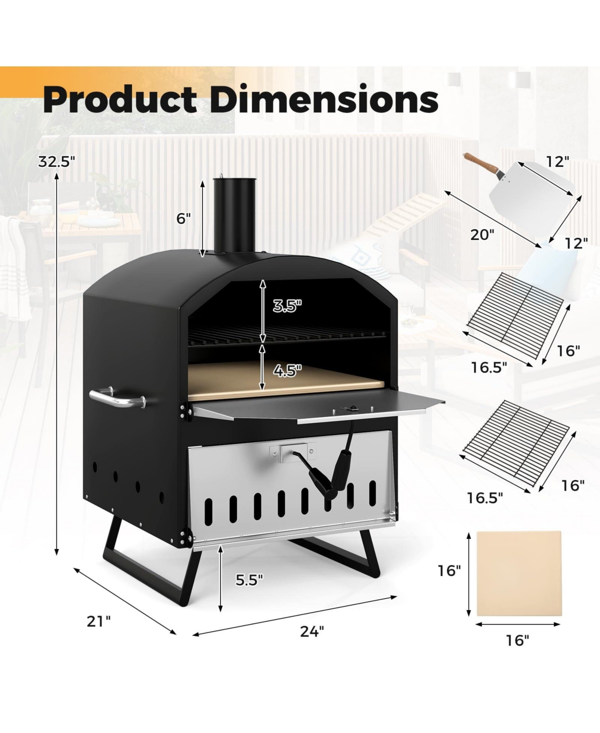 Ecooso Outdoor 16 Inch 2-Layer Wood Fired Pizza Oven with Square Stone