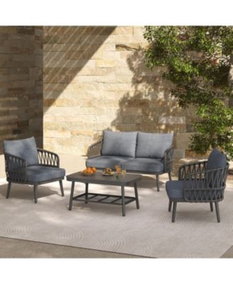4 Piece Outdoor Patio Conversation Set with Metal Rope Backrest Chairs Coffee Table Thick Cushions  for Garden Poolside