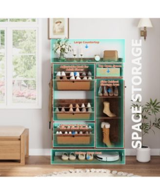 Shoe Cabinet Rattan with 3 Flip Drawers and 4-Tier Shoe Storage Cabinet, Freestanding Shoe Organizer with Adjustable Shelves for Entryway