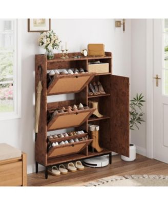Shoe Cabinet Rattan with 3 Flip Drawers and 4-Tier Shoe Storage Cabinet, Freestanding Shoe Organizer with Adjustable Shelves for Entryway