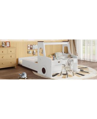 Car-Shape Floor Bed with Storage, Window & Desk, Twin Size
