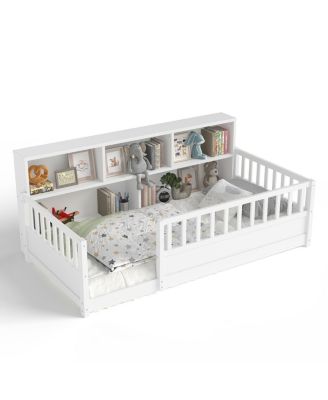 Wooden Fence Guardrail and Storage Floor Bed, Twin Size