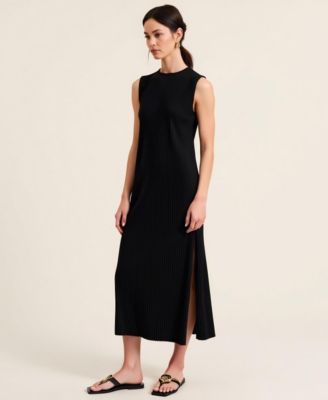 Women's Sleeveless Ribbed Knit Crewneck Side Slit Midi Dress