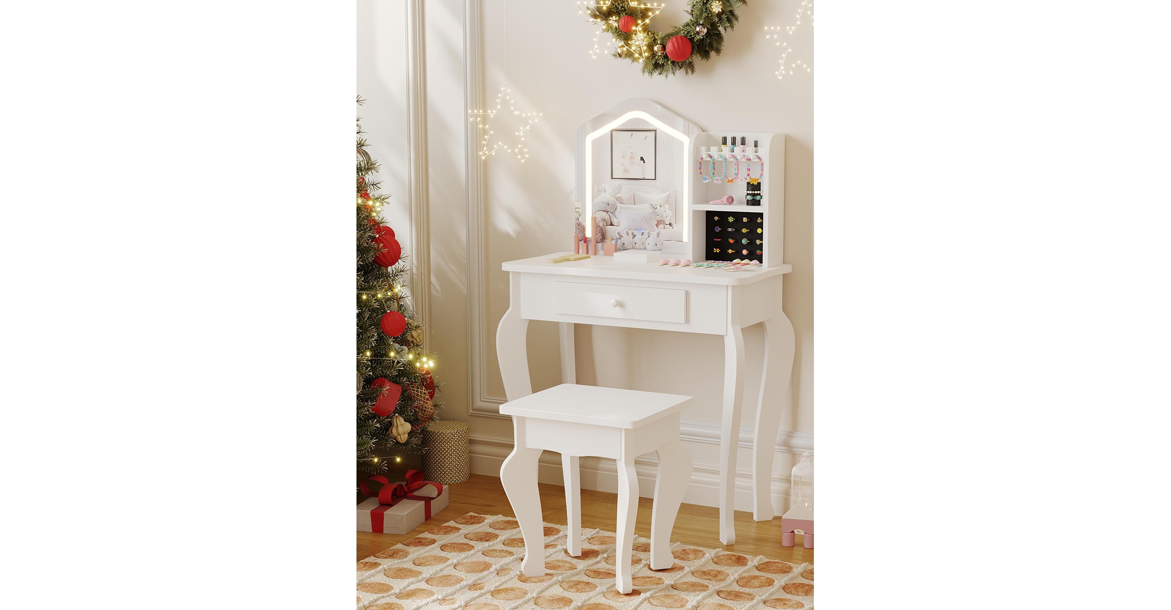 gaomon Kids Vanity with Lighted Mirror, Little Girl Vanity and Stool, Toddler Makeup Table Set and Makeup Playset for 3-8 Girls