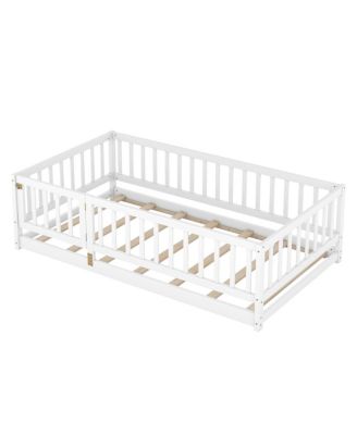 Twin Size Montessori Floor Bed with Fence and Door
