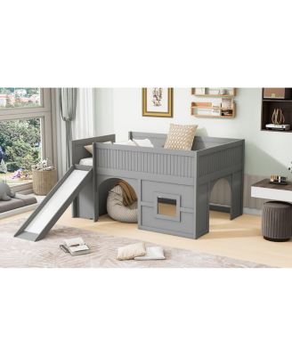 Full Size Wooden Low Loft Bed with Storage, Slide, Door, Window
