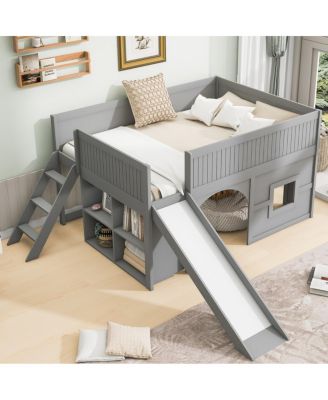 Full Size Wooden Low Loft Bed with Storage, Slide, Door, Window