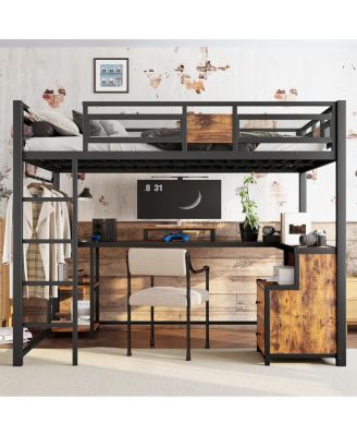 Metal Frame Full Loft Bed with Desk and Storage, No Spring Box Needed