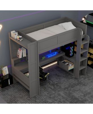 Twin Size Gaming Loft Bed Built In Desk Charging Station Storage Shelves LED Lighting Space Saving Kids Teens Furniture