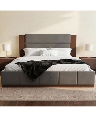 Velvet Upholstered King Bed Frame with Extended Wood Headboard