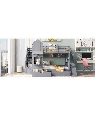 Full-Over-Full Castle Bunk Bed w/ Drawers, Shelves & Slide
