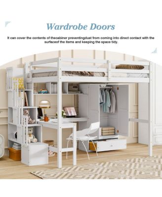  Full Size Loft Wood Bed with Desk, Shelves, Wardrobe, Staircase