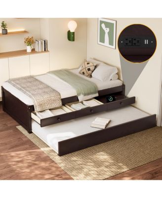 Streamdale Twin Platform Bed with Trundle, 2 Drawers & Power Strip, Espresso