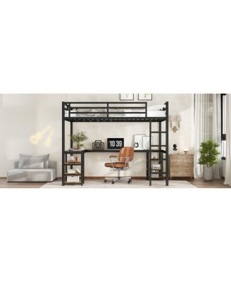 Twin XL Metal Loft Bed with Desk, Shelves, Ladder & Guardrails